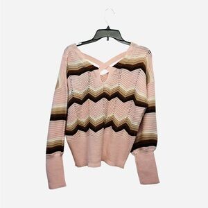 FCT with Love Pink & Brown Chevron Knit V-Neck Off The Shoulder Sweater